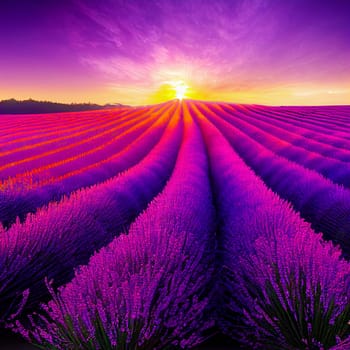 Illustration of a beautiful lavender field at late sunset