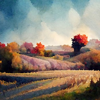 Watercolor image of a romantic autumn landscape