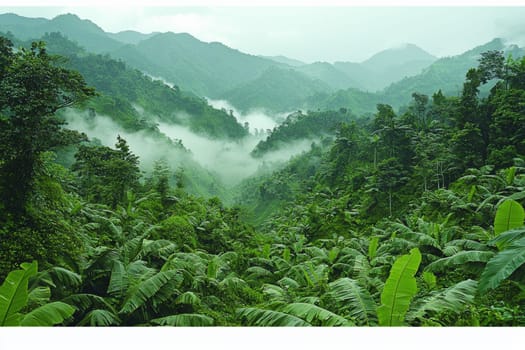 Verdant foliage blankets the valleys, while mist swirls around majestic peaks, creating a serene atmosphere in the rainforest.