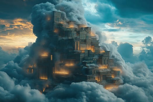 A castle made of books goes high into the cloudy sky. A fantasy world of books.