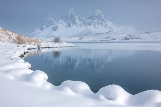 Snow blankets the landscape while majestic mountains rise in tranquility, their reflections dancing on the calm lake surface.