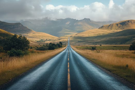 A long beautiful road leading to the mountain.