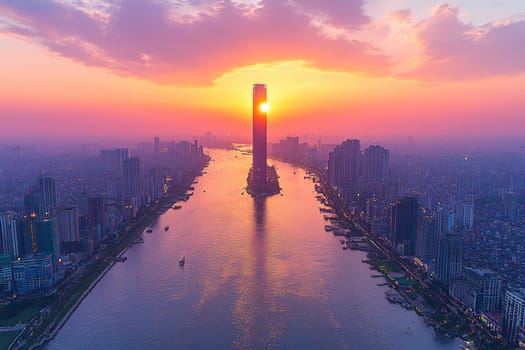 Golden sunlight gleams through towering buildings as the city glows under a pastel sky, highlighting the serene river below.