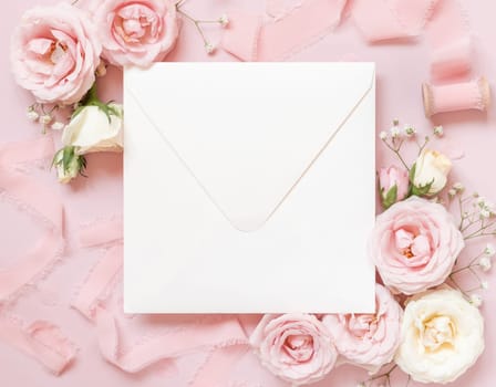 Square envelope between light pink roses and silk ribbons on pink top view, wedding mockup. Romantic scene with vertical blank envelope and pastel flowers flat lay. Valentines, Spring or Mothers day concept