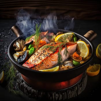 The painting depicts a colorful array of grilled seafood delicacies, such as yellowtail kingfish, salmon, and mahi-mahi, commonly found on the island of Bonaire. The image is generated with the use of an AI.