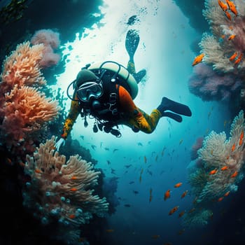 This painting captures the beauty of Bonaire's famous diving and snorkeling spots. The island is renowned for its crystal clear waters and rich marine life, including colorful coral reefs and a variety of tropical fish. The main attraction of Bonaire is diving and snorkeling, as it is known for its clean waters and rich marine life. The image is generated with the use of an AI.