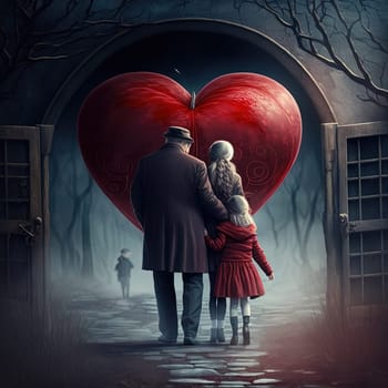 A heartwarming depiction of a happy family celebrating Valentine's Day in a romantic setting, surrounded by love and beautiful flowers. The image is generated with the use of an AI.