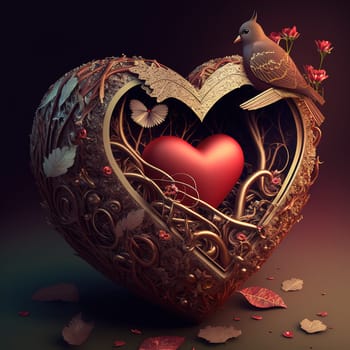 A charming image of a romantic setting with hearts, flowers and a lovely background. The image is generated with the use of an AI.