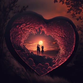 A serene and peaceful depiction of a couple in an idyllic natural setting on Valentine's Day. The colors and composition capture the essence of love and tranquility. The image is generated with the use of an AI.