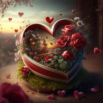 A vibrant image of a romantic setting with hearts and flowers, in a variety of colors. The image is generated with the use of an AI.