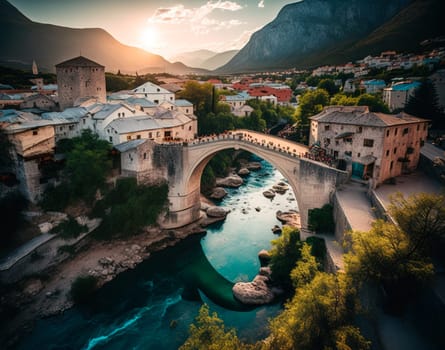 This serene painting depicts the historic Old Bridge of Mostar, a symbol of the city and a UNESCO World Heritage site. The image captures the beauty and timelessness of the bridge as it spans the Neretva River. The image is generated with the use of an AI.
