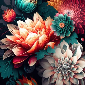 A bold and dynamic image of flowers in full bloom, exuding strength and beauty. The image is generated with the use of an AI.