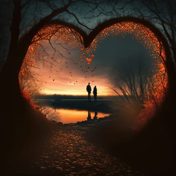 A serene and idyllic depiction of a couple celebrating Valentine's Day, surrounded by nature. The image is generated with the use of an AI.