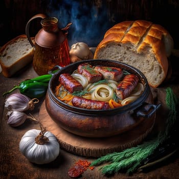 This vibrant painting captures the essence of Bosnia and Herzegovina's most popular dish, cevapi, a type of grilled meat sausage often served with bread and onions. The image is generated with the use of an AI.