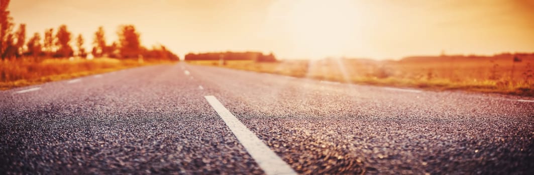 Closeup view of the asphalt road in natural park. Panoramic background. Concept of the transportation and journey.