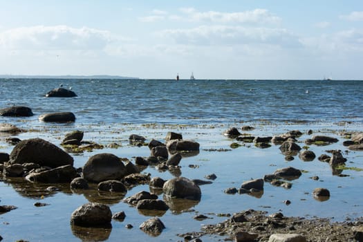 Large stones lie in the water on the Baltic Sea coast, sailing ship on the horizon, Poel Island, Germany, Europe