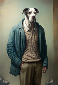 Dog head with a man body, surreal Chimera Hybrid creature at home wearing clothes, old fashion, illustration, generative AI