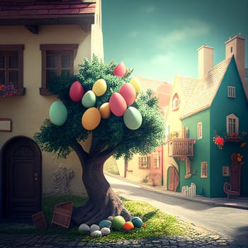 Idyllic village with easter decoration on the street, many colorful eggs under the tree, holiday greeting card, generative ai