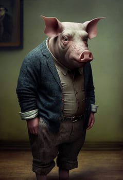Pig head with a man body, surreal Chimera Hybrid creature at home wearing clothes, illustration, generative AI