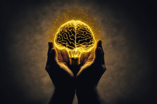Brainstorm, creative idea and business success concept with digital glowing yellow human brain in man hand on abstract dark blank background with space for your advertising campaign or poster, mock up.