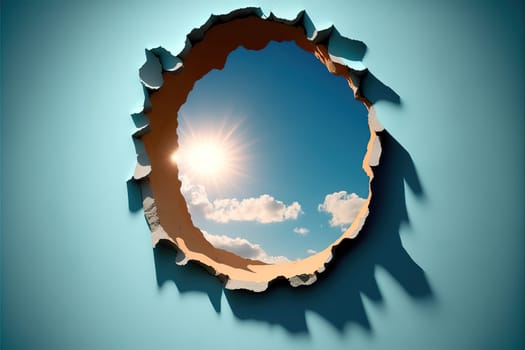 Bright sunny sky seen through a side profile hole in a wall.