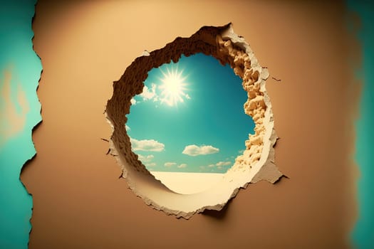 Bright sunny sky seen through a side profile hole in a wall.