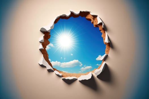 Bright sunny sky seen through a side profile hole in a wall.