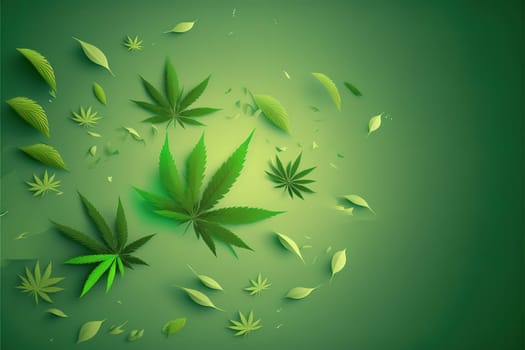 Cannabis marijuana leaves falling on a green background.