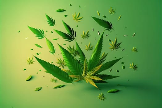Cannabis marijuana leaves falling on a green background.