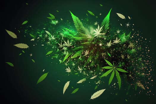 Cannabis marijuana leaves falling on a green background.