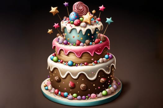 Celebration birthday cake with lots of icing and decorations.