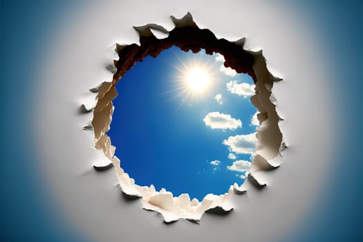 Bright sunny sky seen through a side profile hole in a wall.