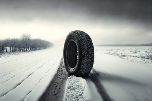 Car tire on snow covered road.