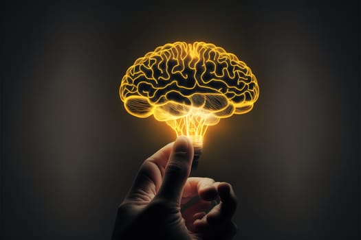 Brainstorm, creative idea and business success concept with digital glowing yellow human brain in man hand on abstract dark blank background with space for your advertising campaign or poster, mock up.