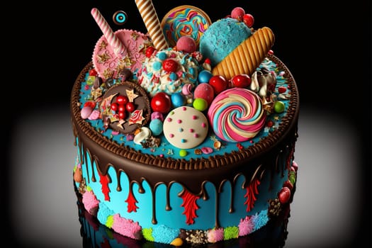 Celebration birthday cake with lots of icing and decorations.