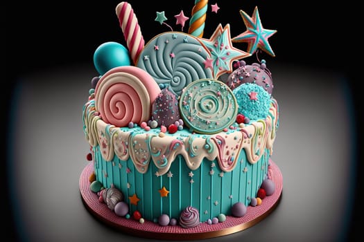 Celebration birthday cake with lots of icing and decorations.