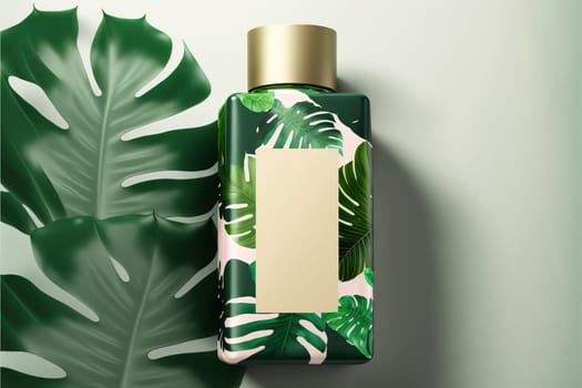 Cosmetic product bottle with blank label on a tropical leaf .