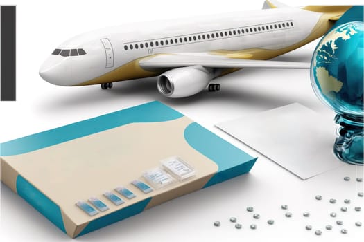 Covid travel concept. Airplane with covid19 antigen test kits.