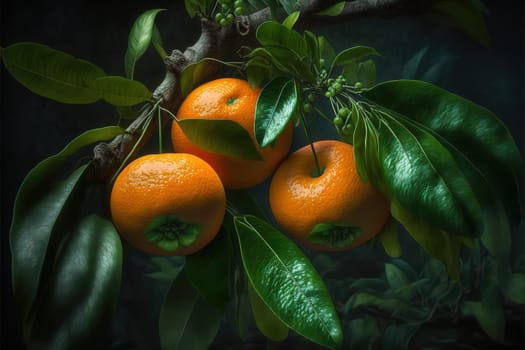 Mandarins ripened on the green tree branch in orchard.