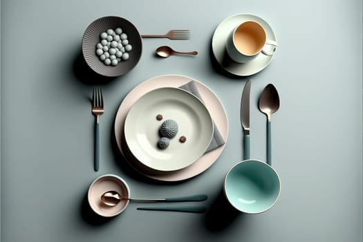 Stylish tableware on light grey table, flat lay. Space for text .