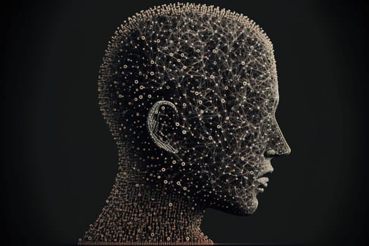 Human head shape made from a large grid of pins connected with string. Communication technology and mental health concept.