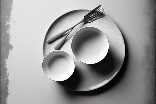Stylish tableware on light grey table, flat lay. Space for text .