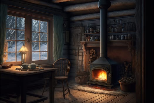 cabin interior, Winter, fireplace.