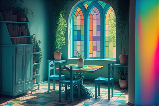 imaginary furniture in imaginary rooms – AI generated rooms with colorful glass tiles and unique furniture.