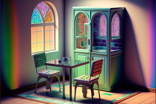 imaginary furniture in imaginary rooms – AI generated rooms with colorful glass tiles and unique furniture.