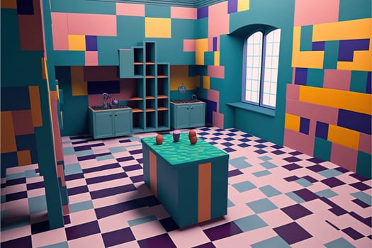 imaginary furniture in imaginary rooms – AI generated rooms with colorful glass tiles and unique furniture.
