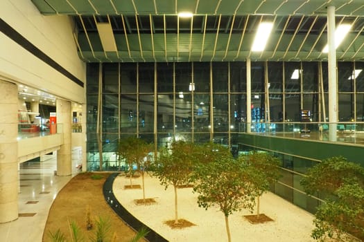 Ankara, Turkiye, Esenboga Havalimani Airport, 01.18.2023 lobby or corridor at the airport for the transit of passengers who have passed check-in. Airport interior. Shops, cafes and trees. Turkey.