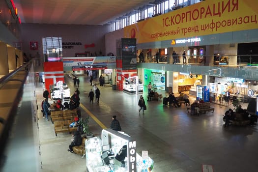 Moscow, Russia 20.01.2023 Leningradsky railway station. The passenger terminal of the Moscow-Passenger railway station on Komsomolskaya Square. Shops and cafes, people hurrying, waiting for the train.