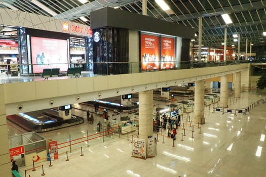 Ankara, Turkiye, Esenboga Havalimani Airport, 01.18.2023 lobby or corridor. Airport interior. People stand in line and check-in tickets. Passengers are preparing for the flight. Aviation security