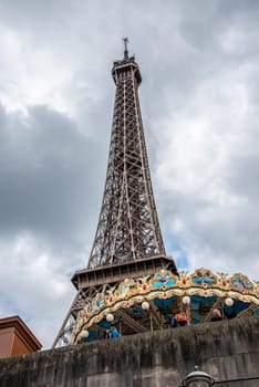 View of the Eiffel Tower in Paris from Trocadero Garden, France